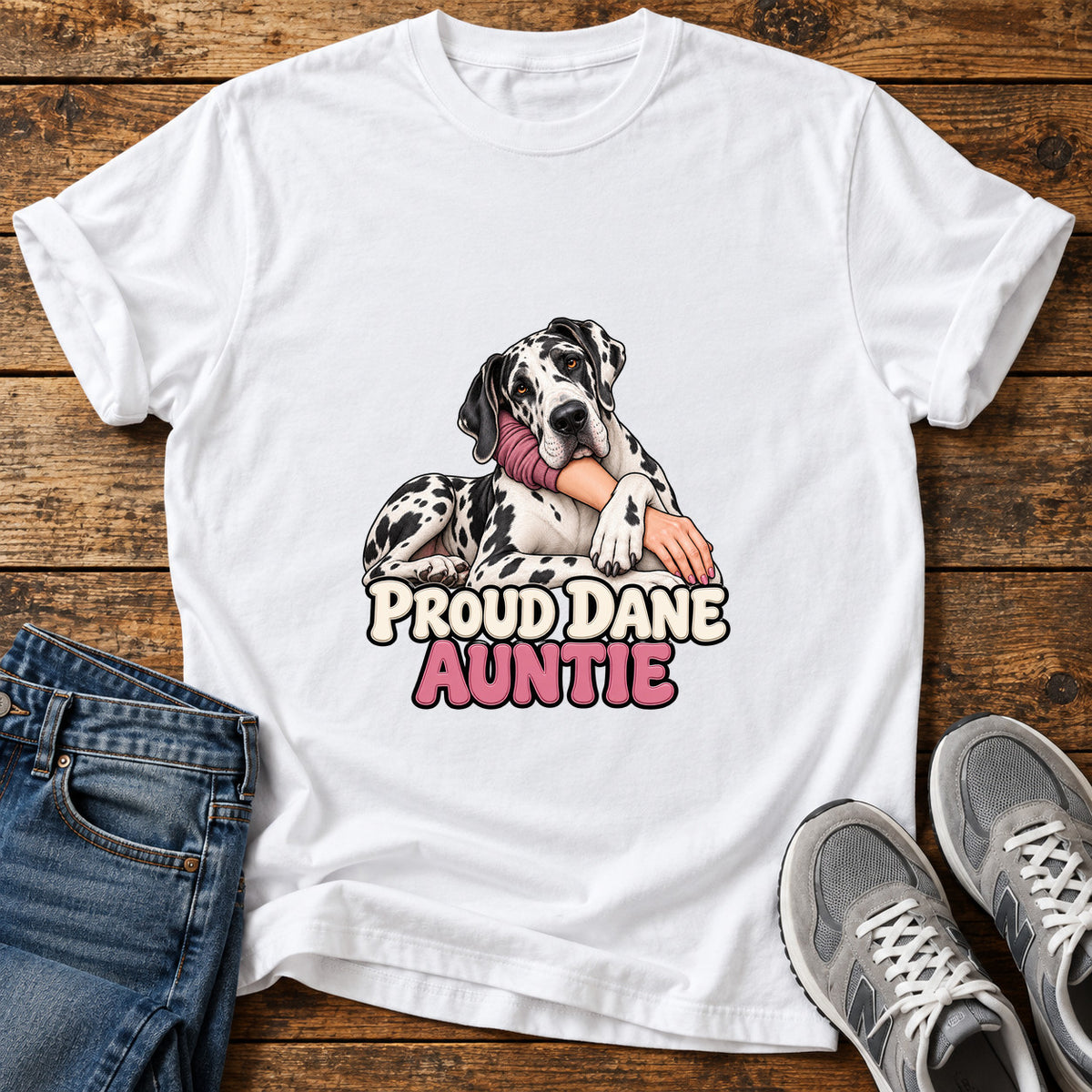 Proud Dane Auntie Great Dane graphic T-shirt in White, shown on a flat-lay shirt mockup