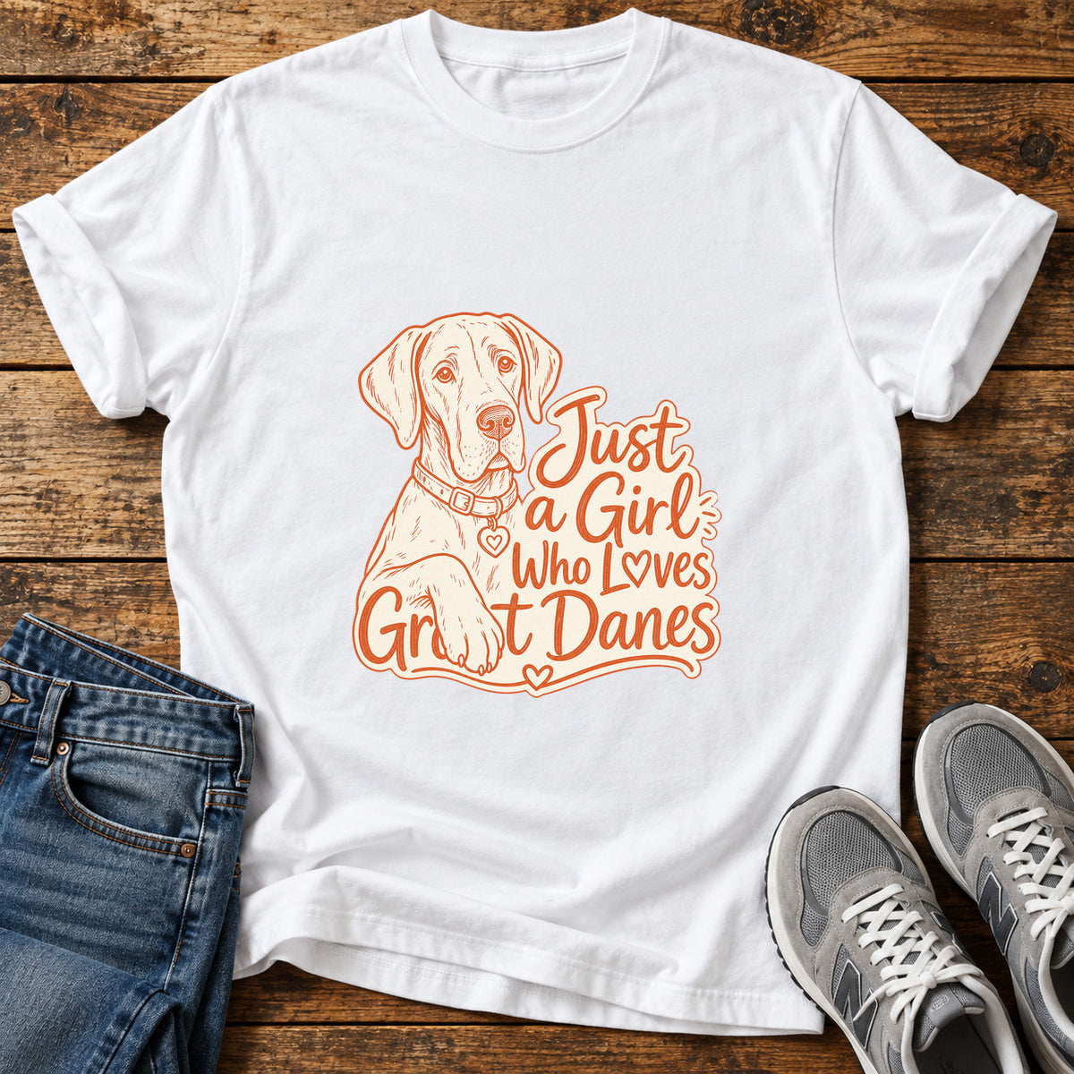 Great Dane Love graphic T-shirt in White, shown on a flat-lay shirt mockup