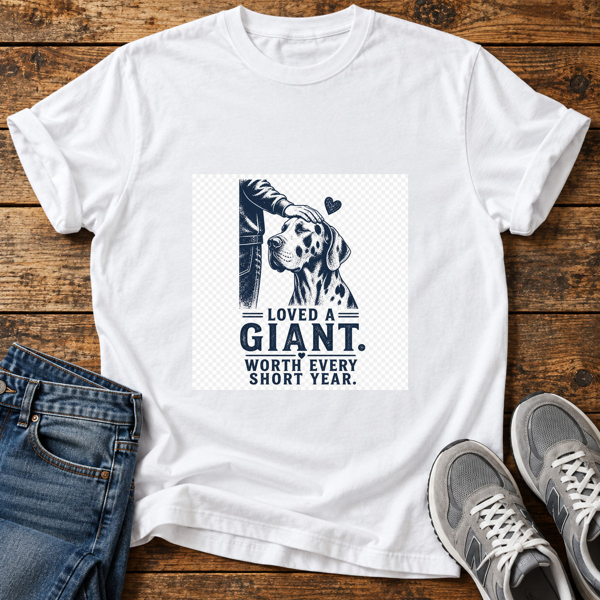 Loved A Giant Great Dane graphic T-shirt in White, shown on a flat-lay shirt mockup