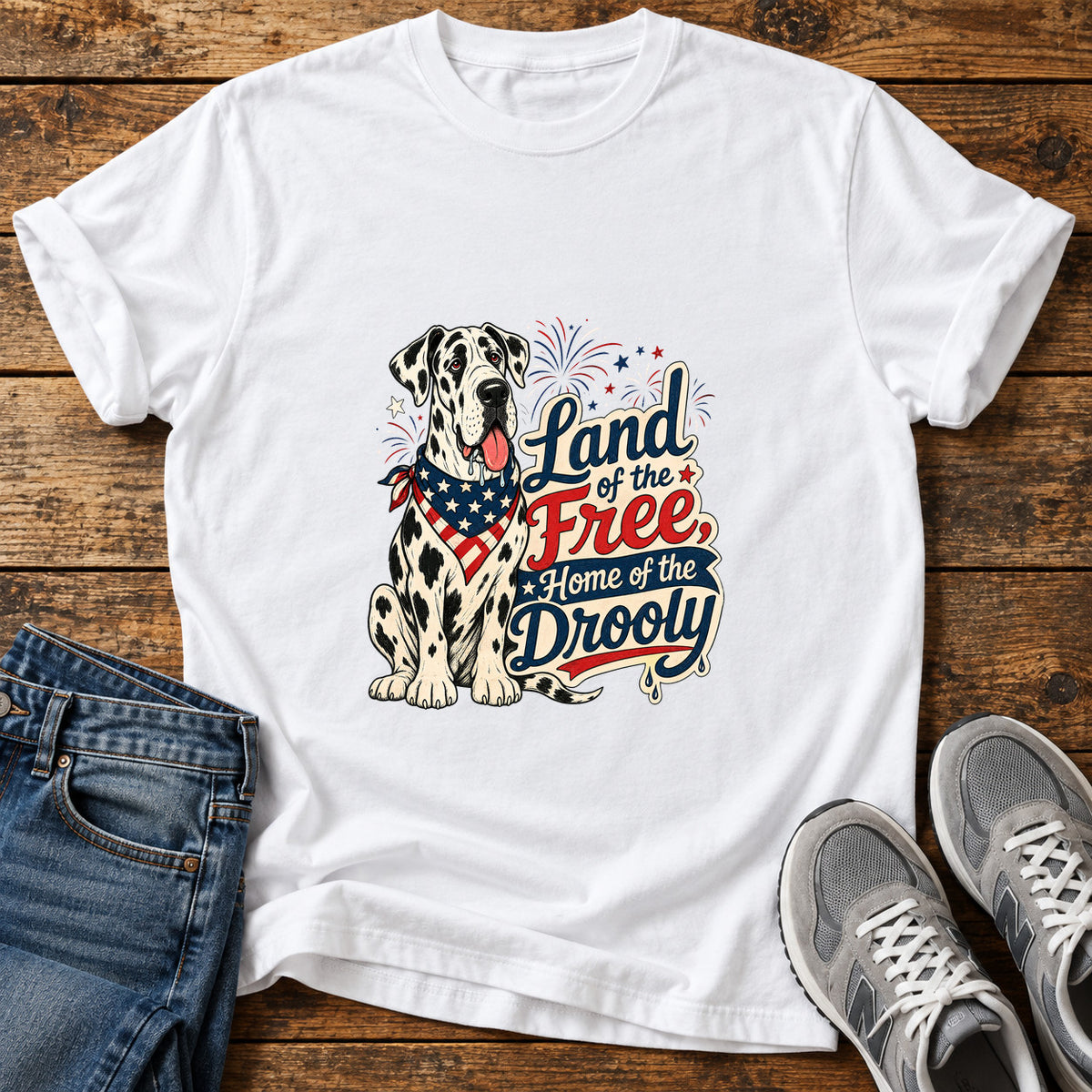 Land of Drooly Great Dane graphic T-shirt in White, shown on a flat-lay shirt mockup