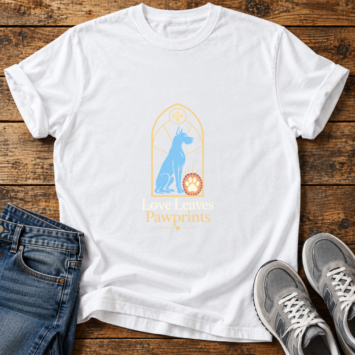 Love Leaves Pawprints Great Dane graphic T-shirt in White, shown on a flat-lay shirt mockup