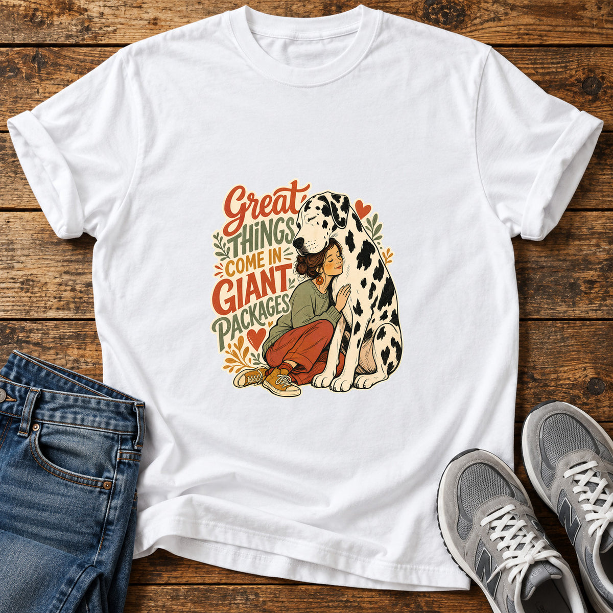 Giant Packages Great Dane graphic T-shirt in White, shown on a flat-lay shirt mockup