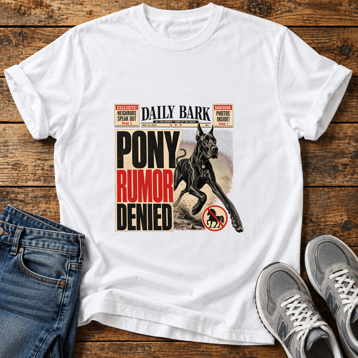 Pony Rumor Great Dane graphic T-shirt in White, shown on a flat-lay shirt mockup