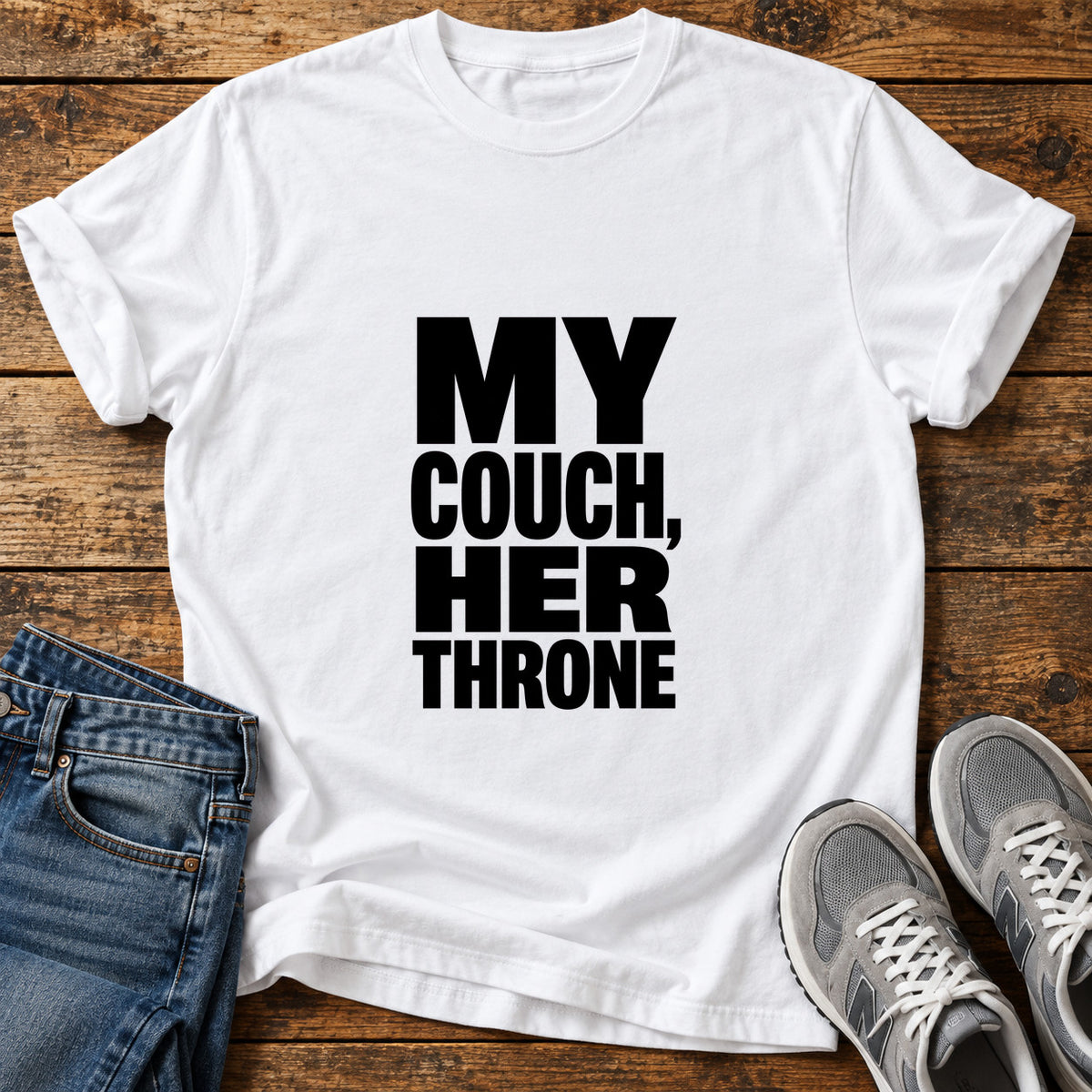 My Couch Throne Great Dane graphic T-shirt in White, shown on a flat-lay shirt mockup