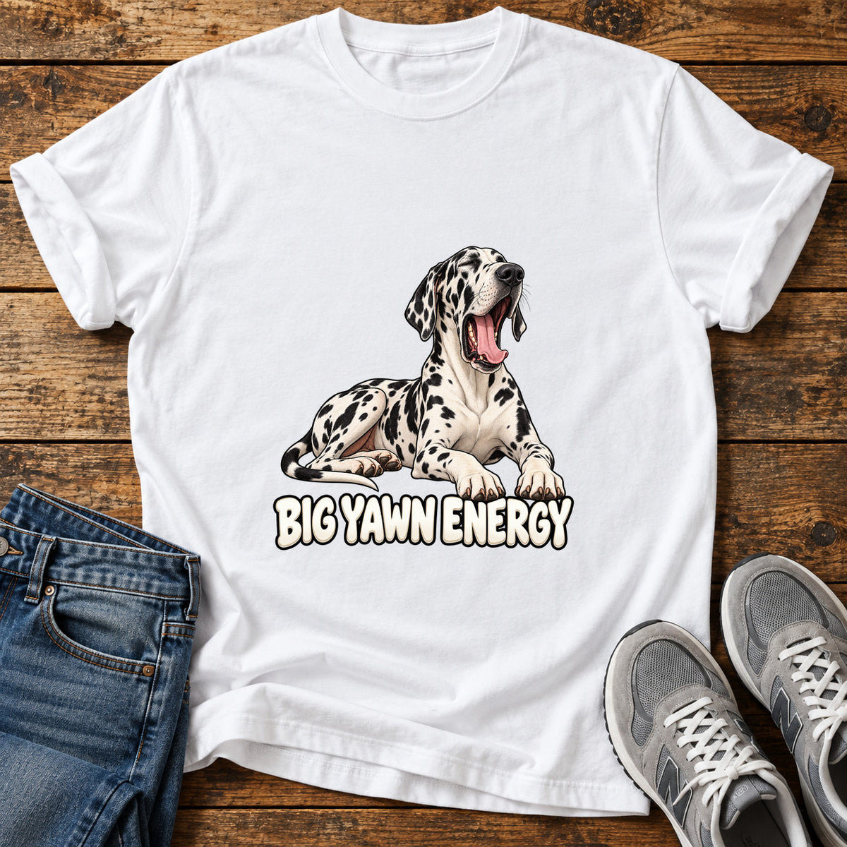 Big Yawn Energy Great Dane graphic T-shirt in White, shown on a flat-lay shirt mockup