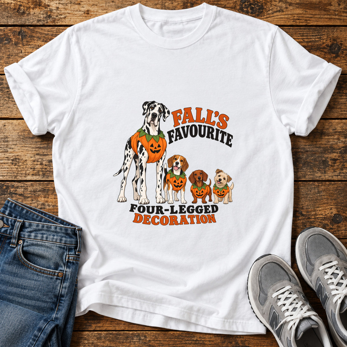 Fall's Favourite Pups Great Dane graphic T-shirt in White, shown on a flat-lay shirt mockup