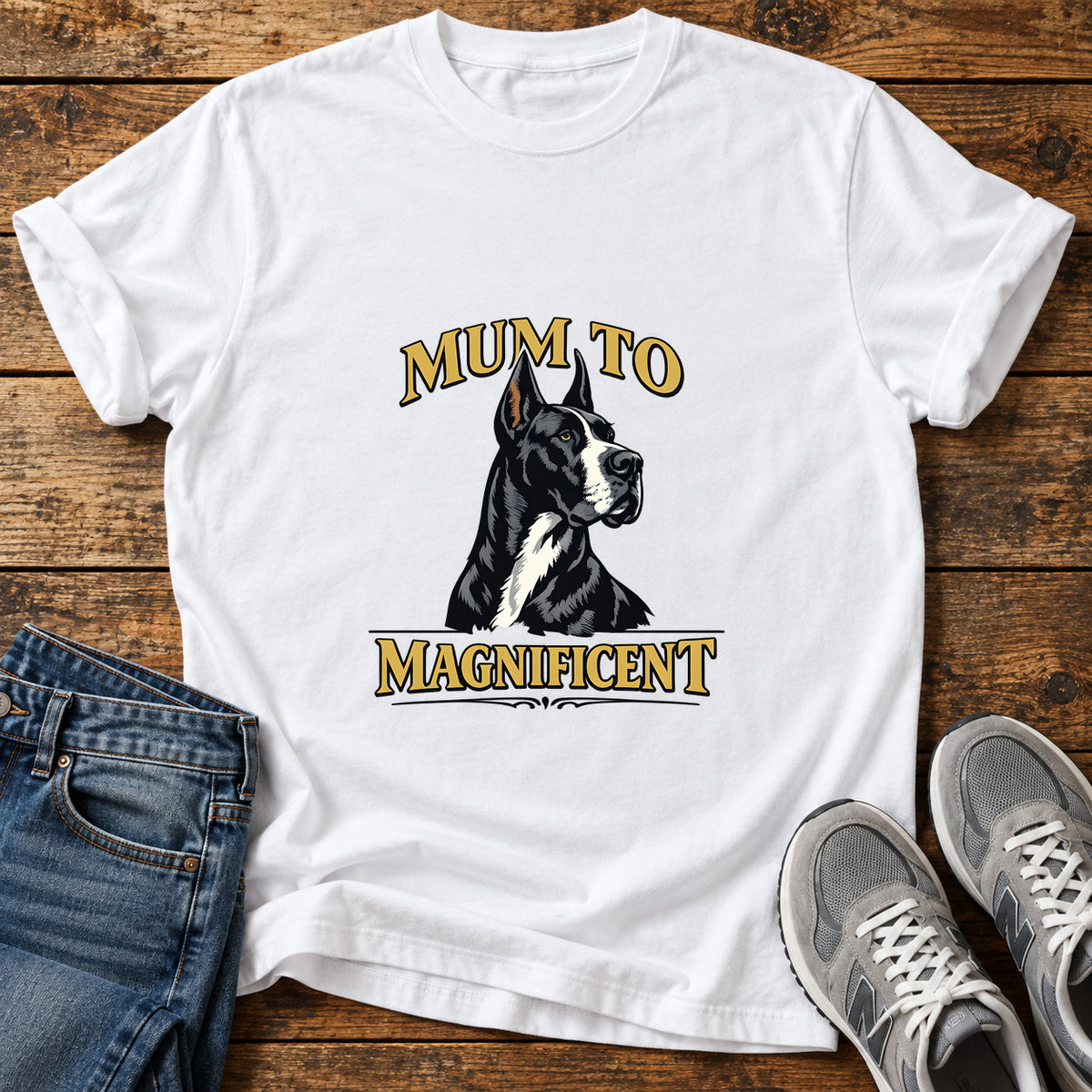 Mum To Magnificent Great Dane graphic T-shirt in White, shown on a flat-lay shirt mockup