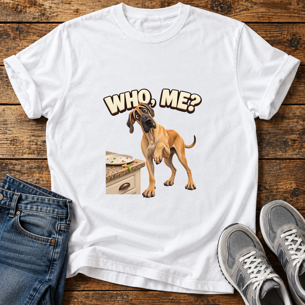 Who Me Great Dane graphic T-shirt in White, shown on a flat-lay shirt mockup