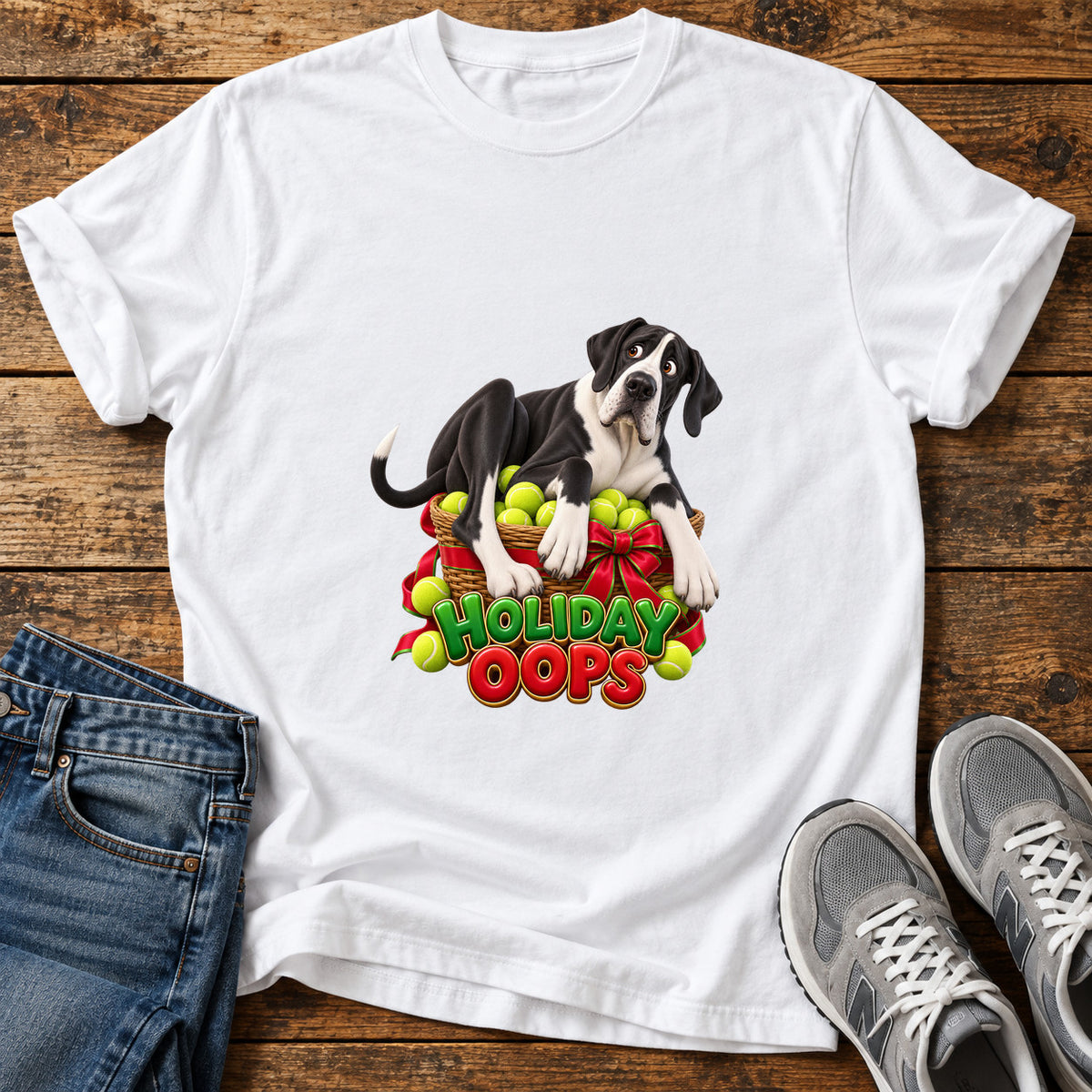 Holiday Oops Great Dane graphic T-shirt in White, shown on a flat-lay shirt mockup