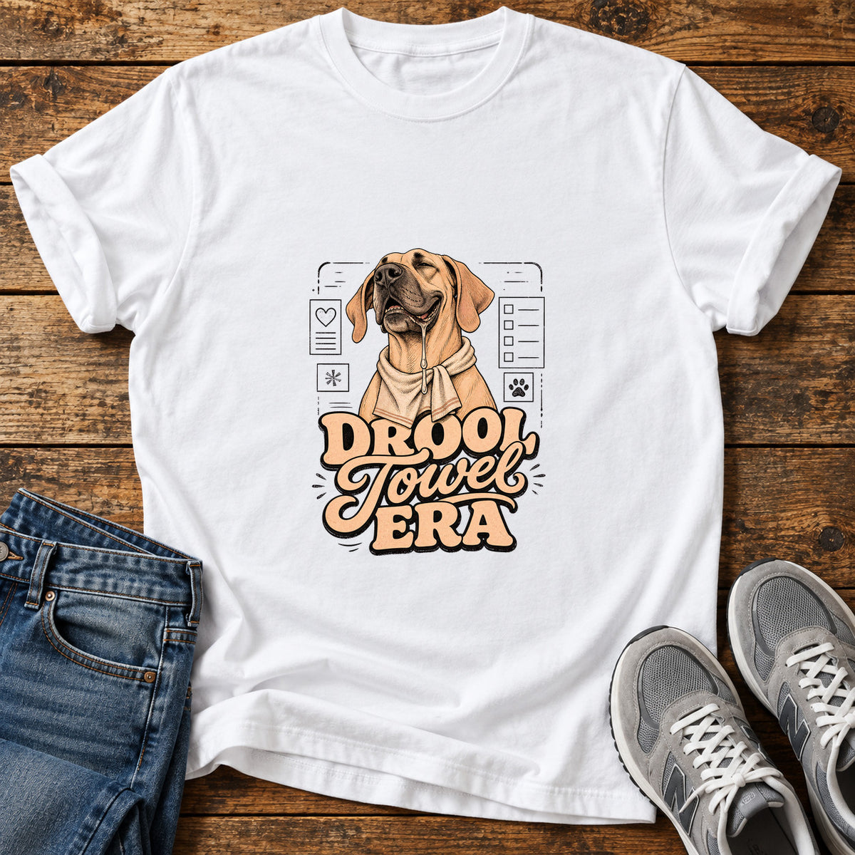 Drool Towel Era Great Dane graphic T-shirt in White, shown on a flat-lay shirt mockup