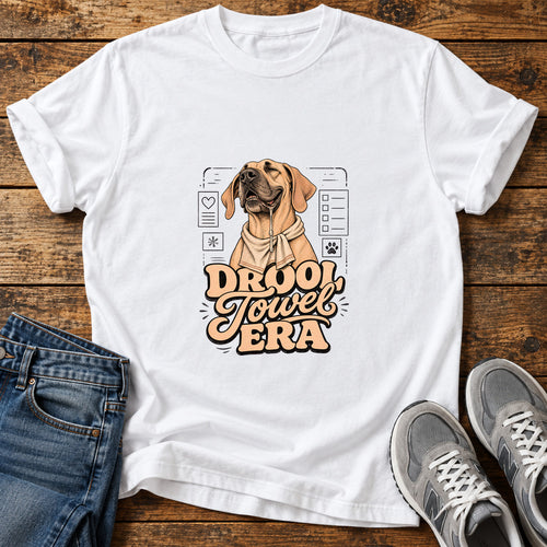 Drool Towel Era Great Dane graphic T-shirt in White, shown on a flat-lay shirt mockup