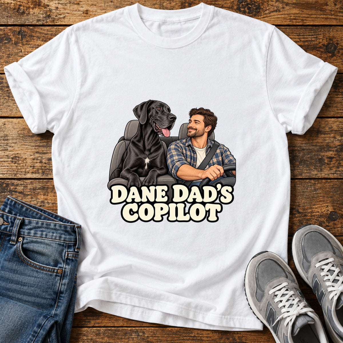 Dane Copilot Great Dane graphic T-shirt in White, shown on a flat-lay shirt mockup