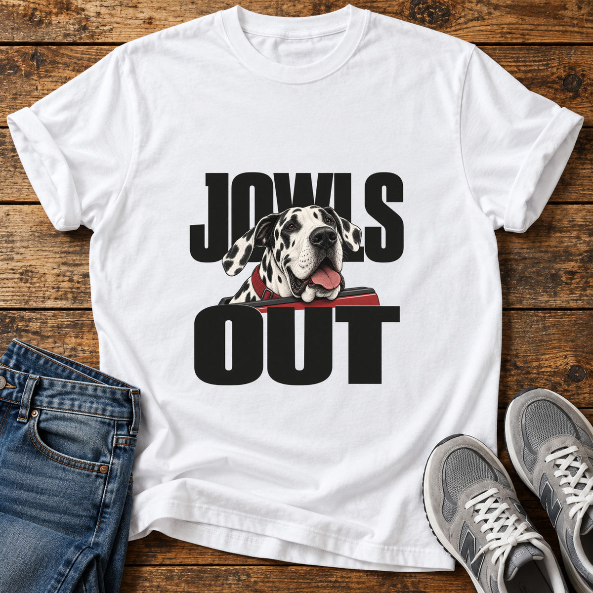 Jowls Out Great Dane graphic T-shirt in White, shown on a flat-lay shirt mockup