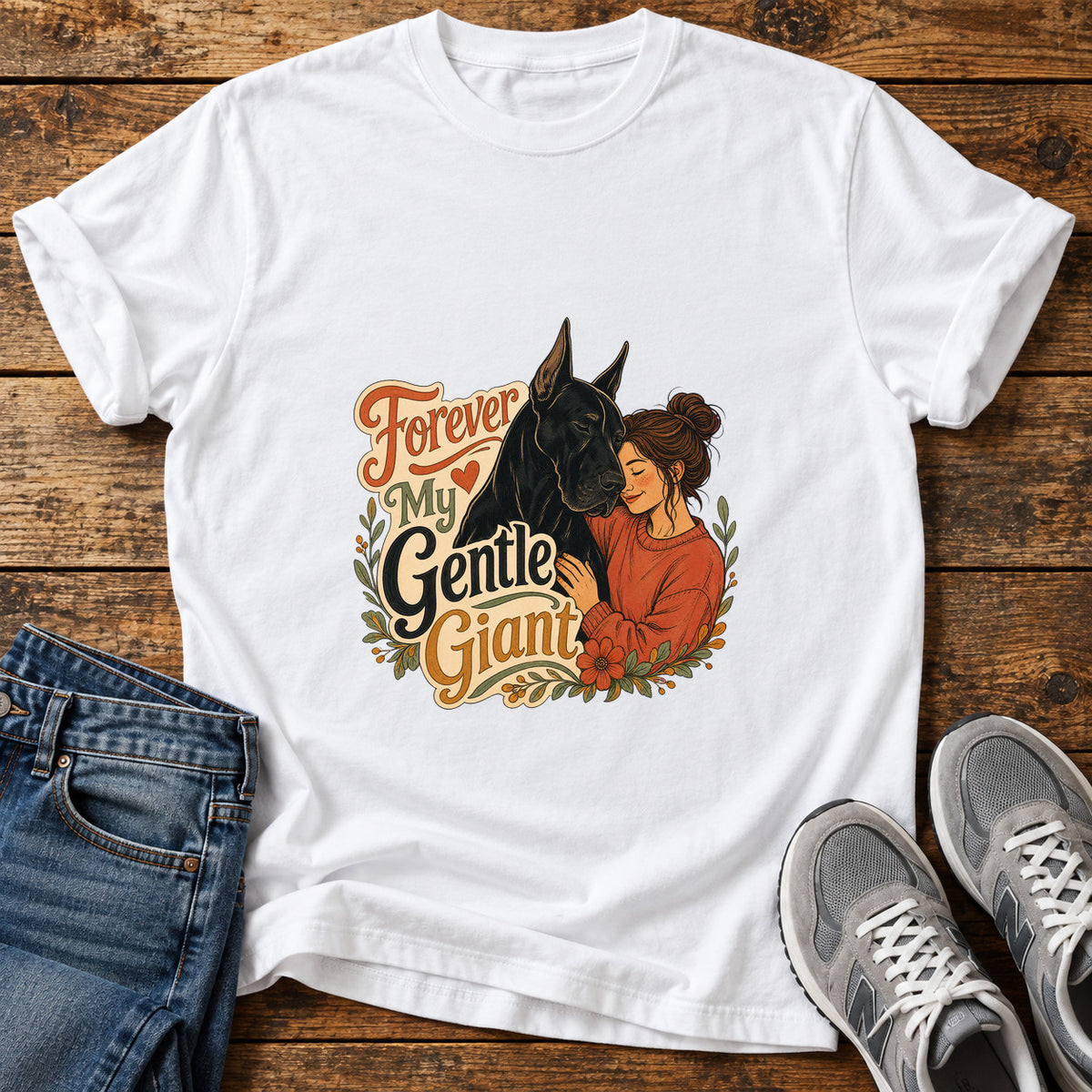 Forever My Giant Great Dane graphic T-shirt in White, shown on a flat-lay shirt mockup