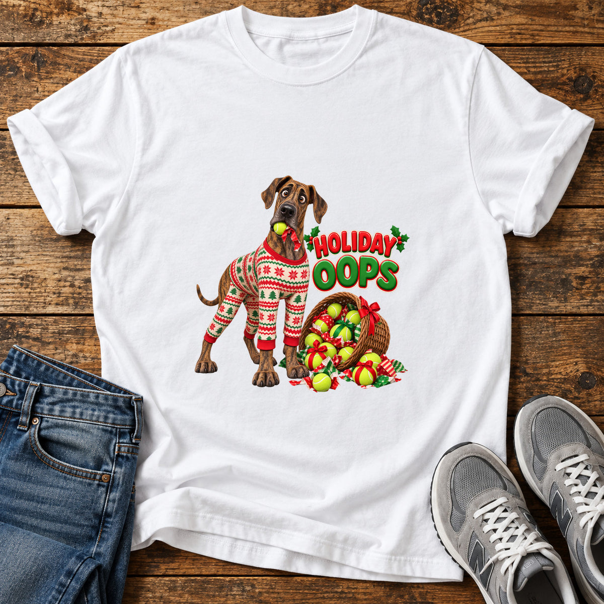 Holiday Oops Great Dane graphic T-shirt in White, shown on a flat-lay shirt mockup