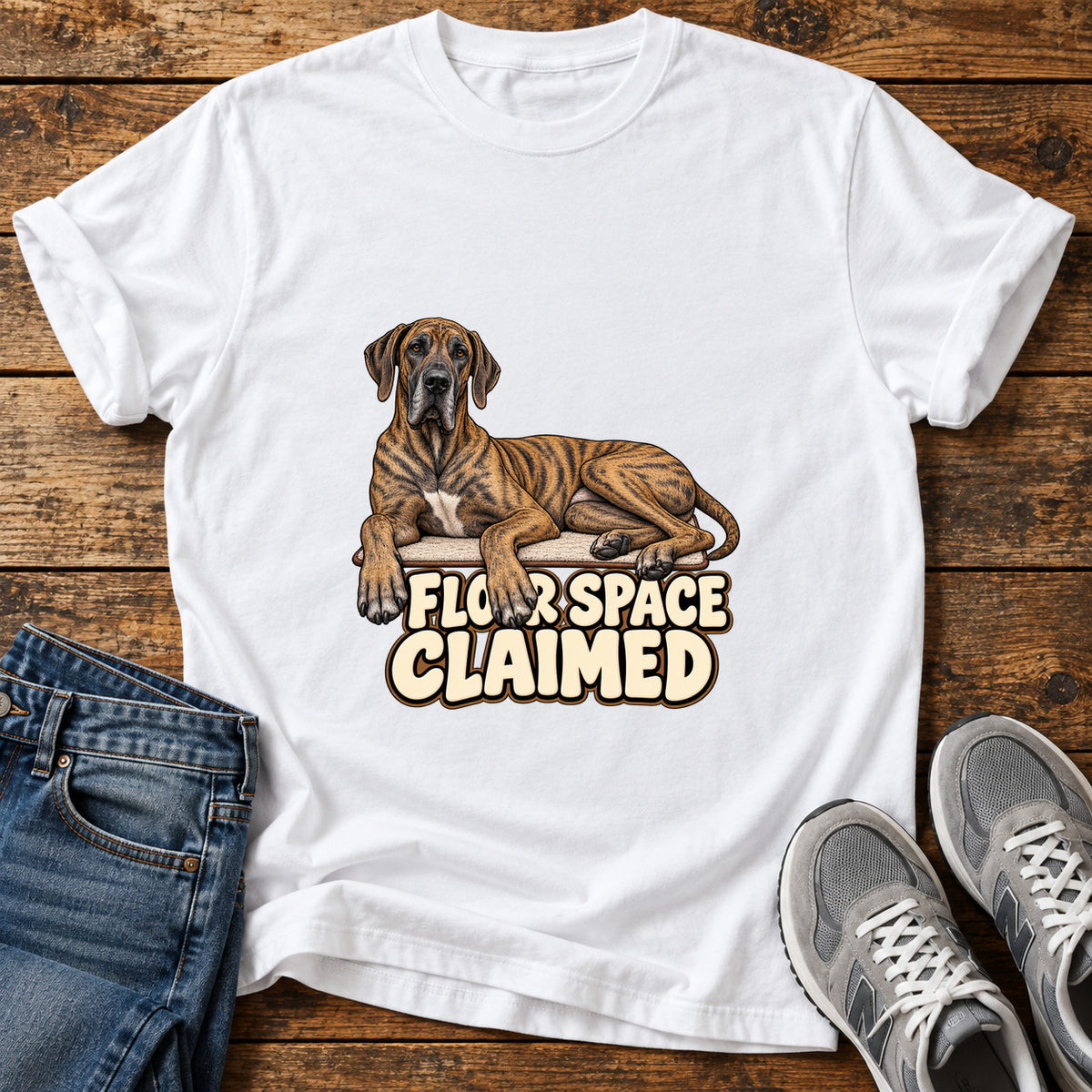 Floor Space Claimed Great Dane graphic T-shirt in White, shown on a flat-lay shirt mockup