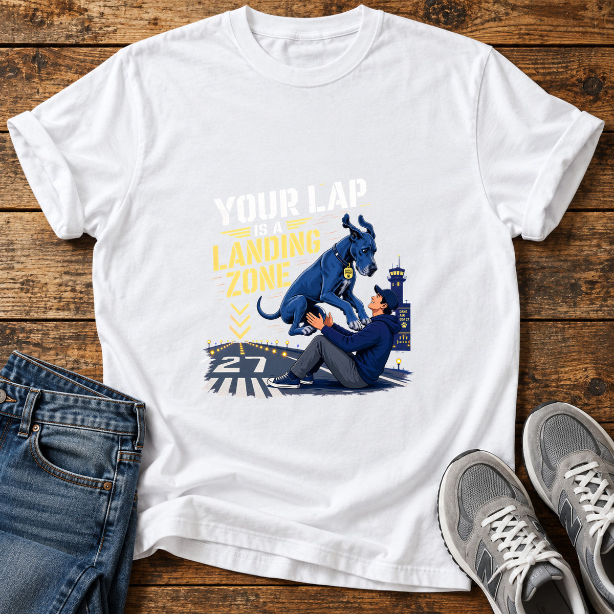 Landing Zone Great Dane graphic T-shirt in White, shown on a flat-lay shirt mockup