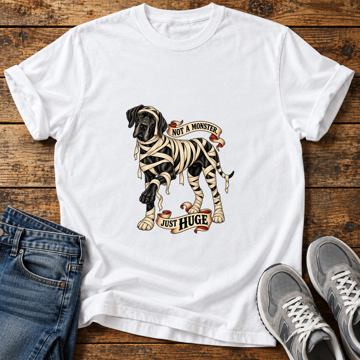 Not A Monster Great Dane graphic T-shirt in White, shown on a flat-lay shirt mockup