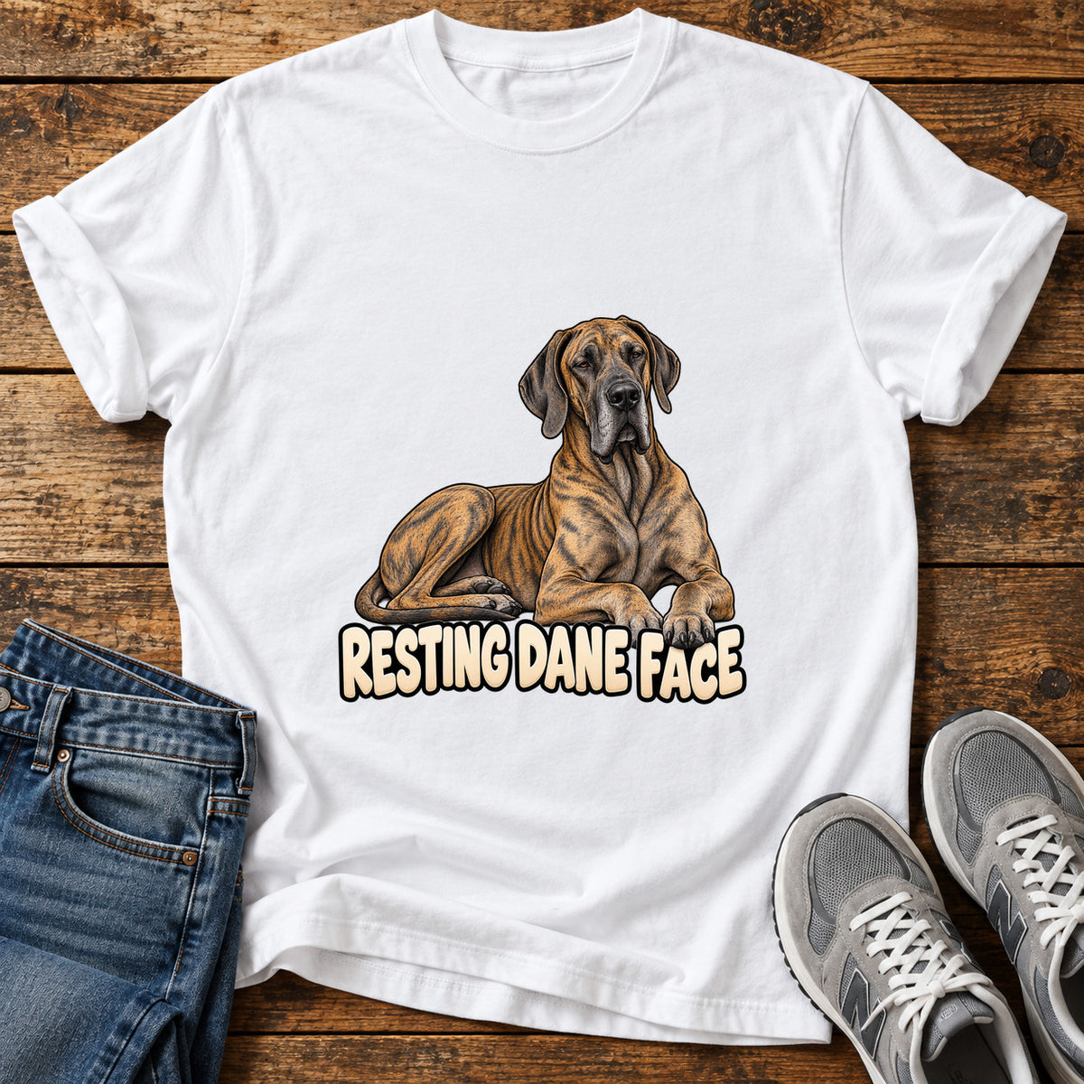 Resting Dane Face Great Dane graphic T-shirt in White, shown on a flat-lay shirt mockup