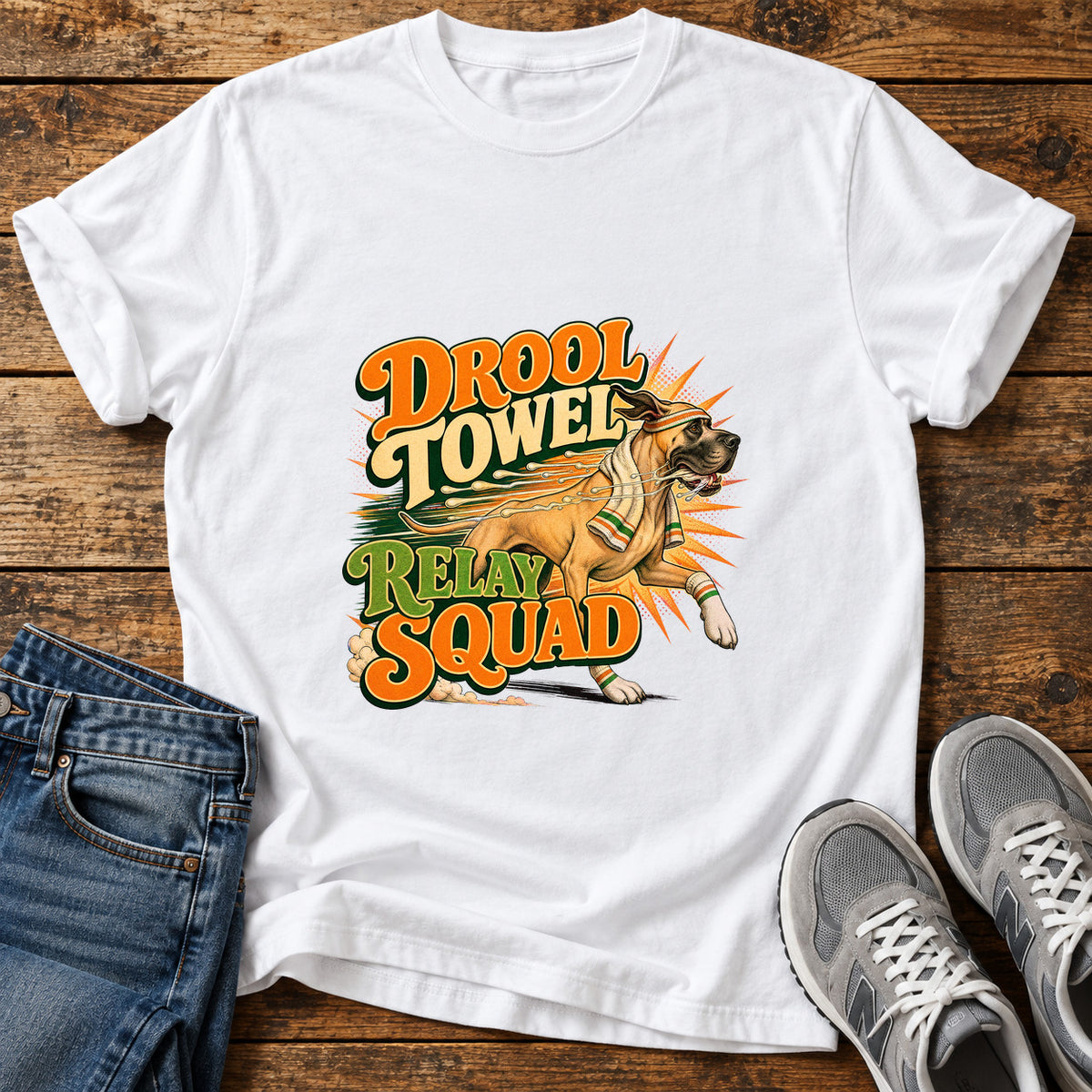 Drool Towel Squad Great Dane graphic T-shirt in White, shown on a flat-lay shirt mockup