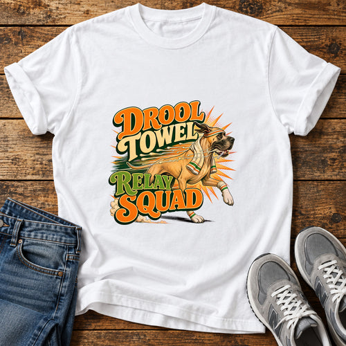 Drool Towel Squad Great Dane graphic T-shirt in White, shown on a flat-lay shirt mockup