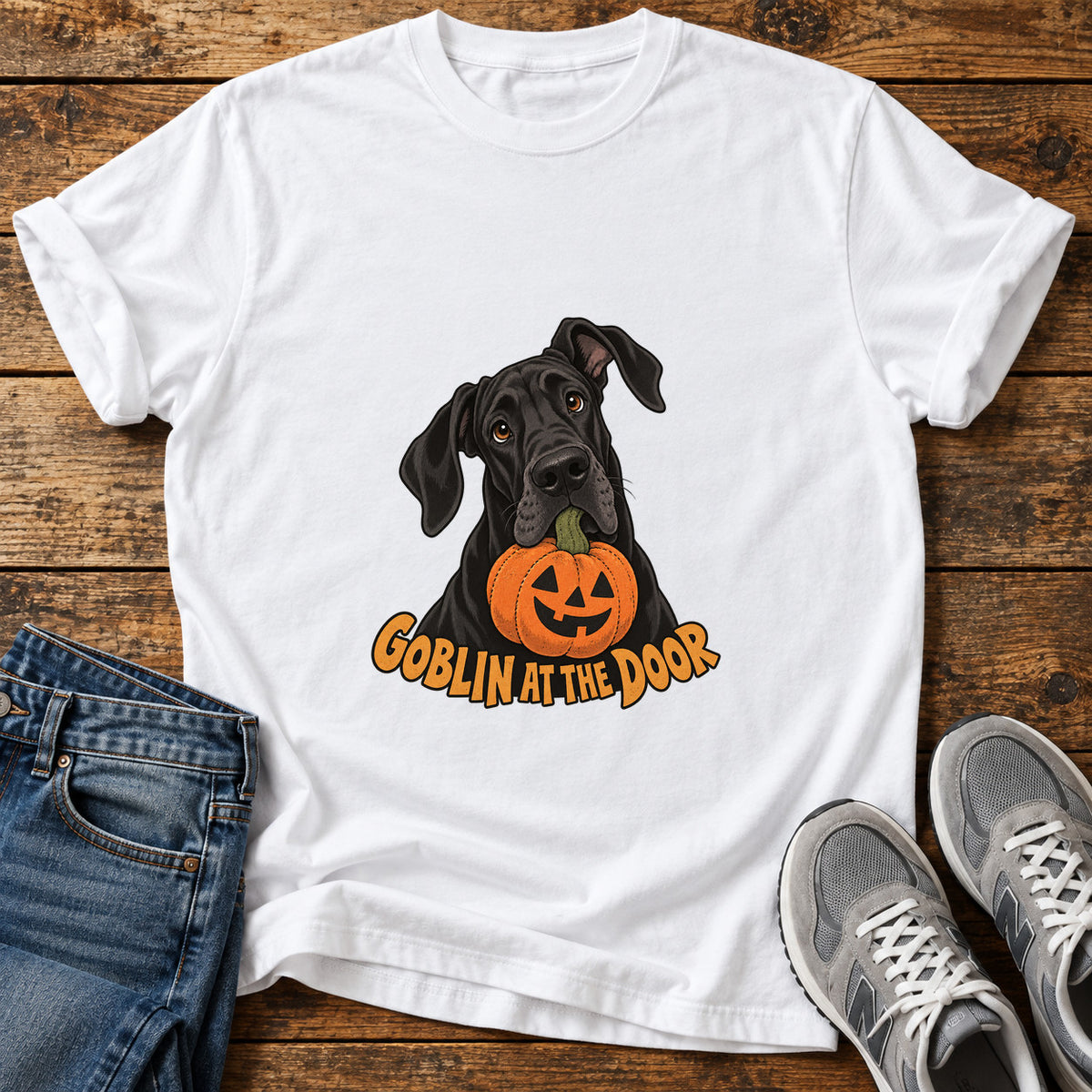 Goblin At Door Great Dane graphic T-shirt in White, shown on a flat-lay shirt mockup