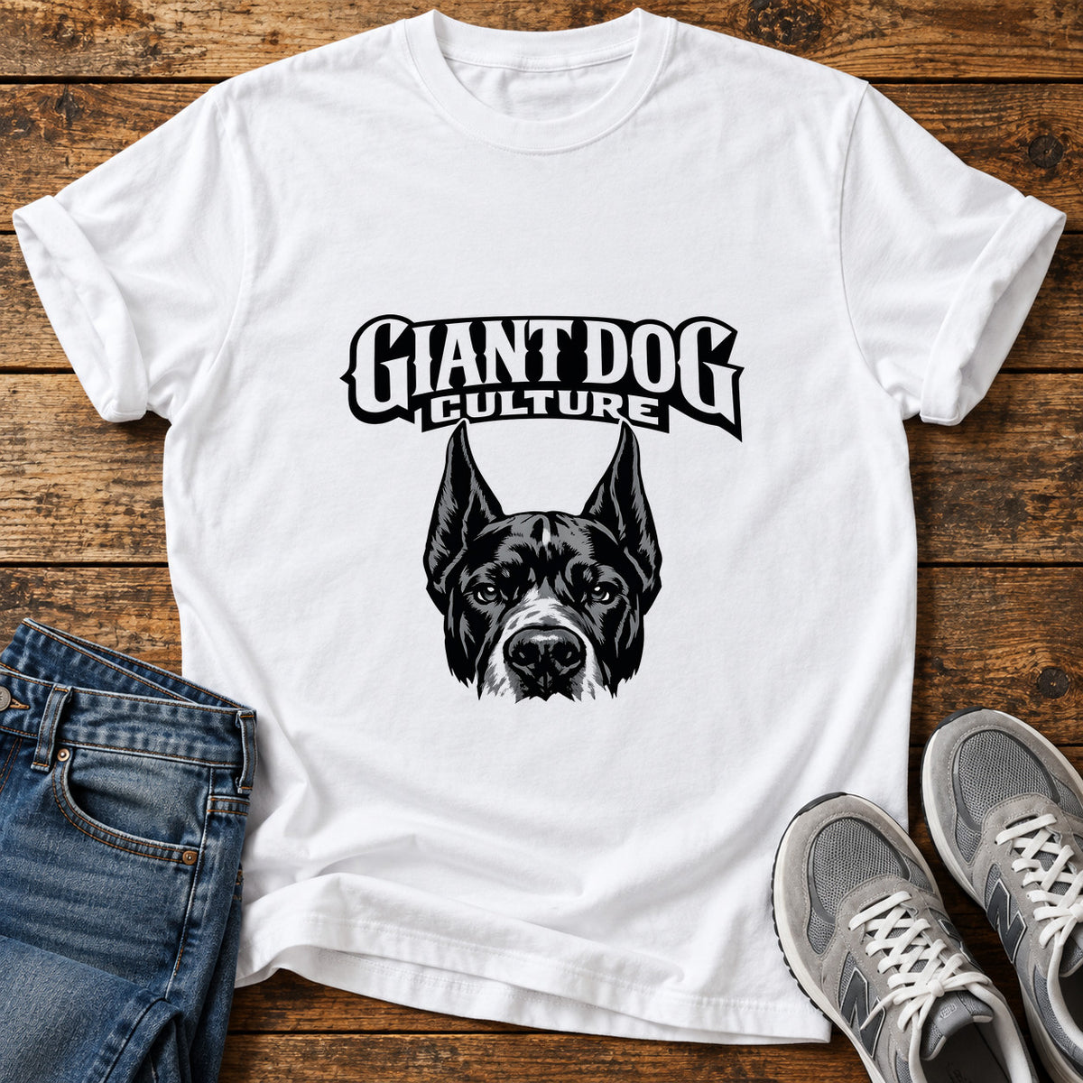 Giant Dog Culture Great Dane graphic T-shirt in White, shown on a flat-lay shirt mockup