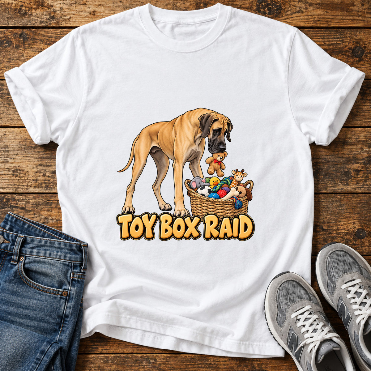 Toy Box Raid Great Dane graphic T-shirt in White, shown on a flat-lay shirt mockup