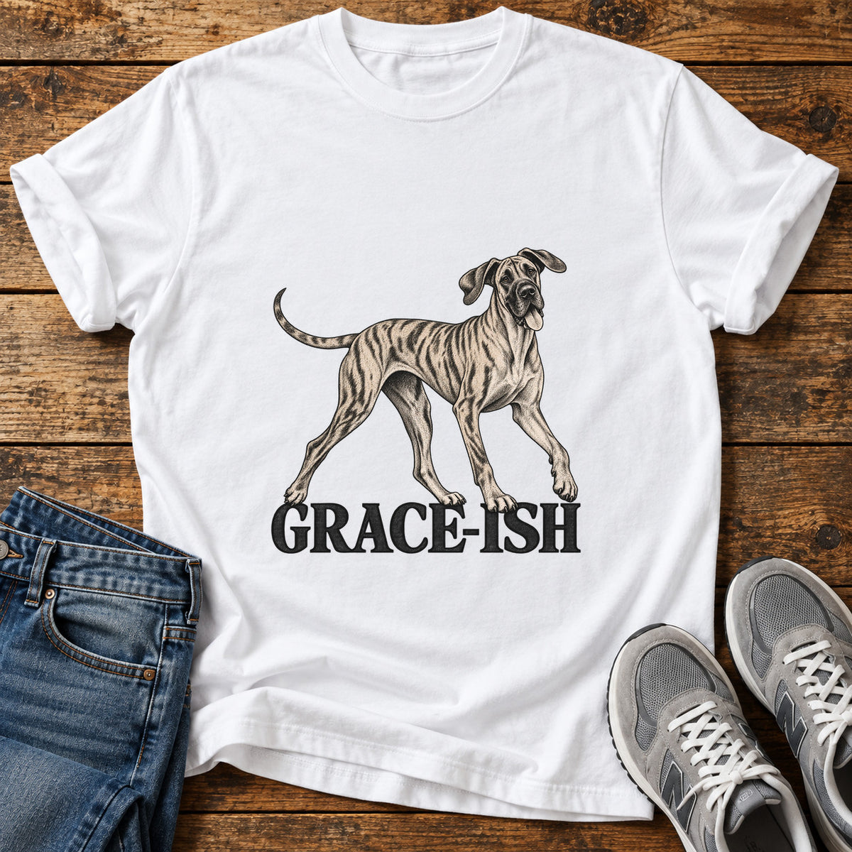 Grace-Ish Dog Great Dane graphic T-shirt in White, shown on a flat-lay shirt mockup