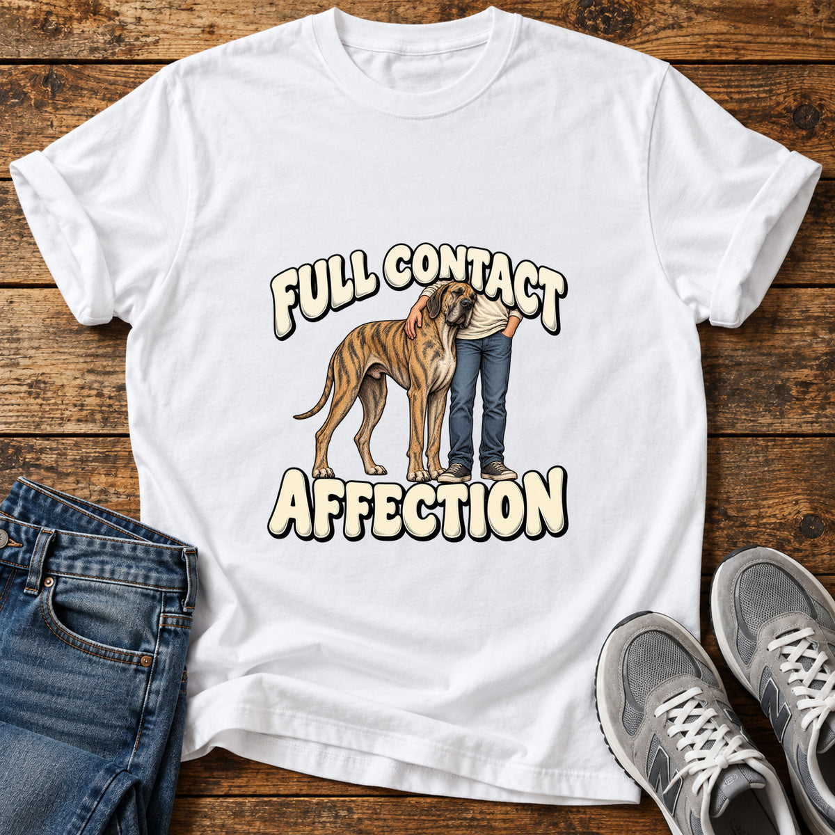 Full Contact Affection Great Dane graphic T-shirt in White, shown on a flat-lay shirt mockup