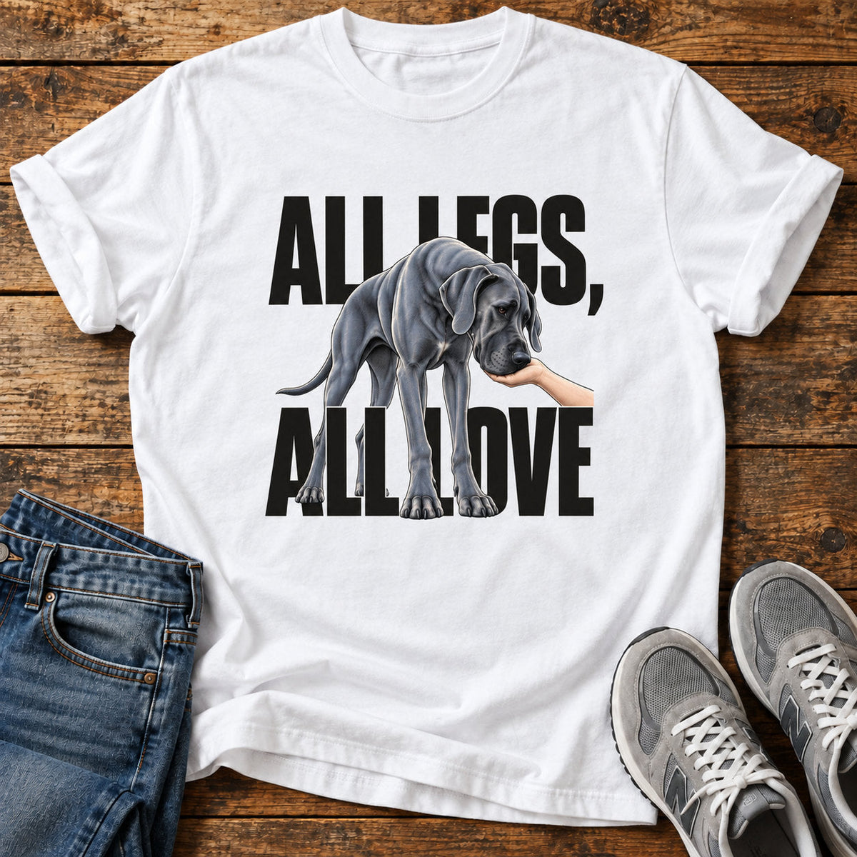 All Legs Love Great Dane T-shirt in white on a light wood flat lay with denim and walking shoes