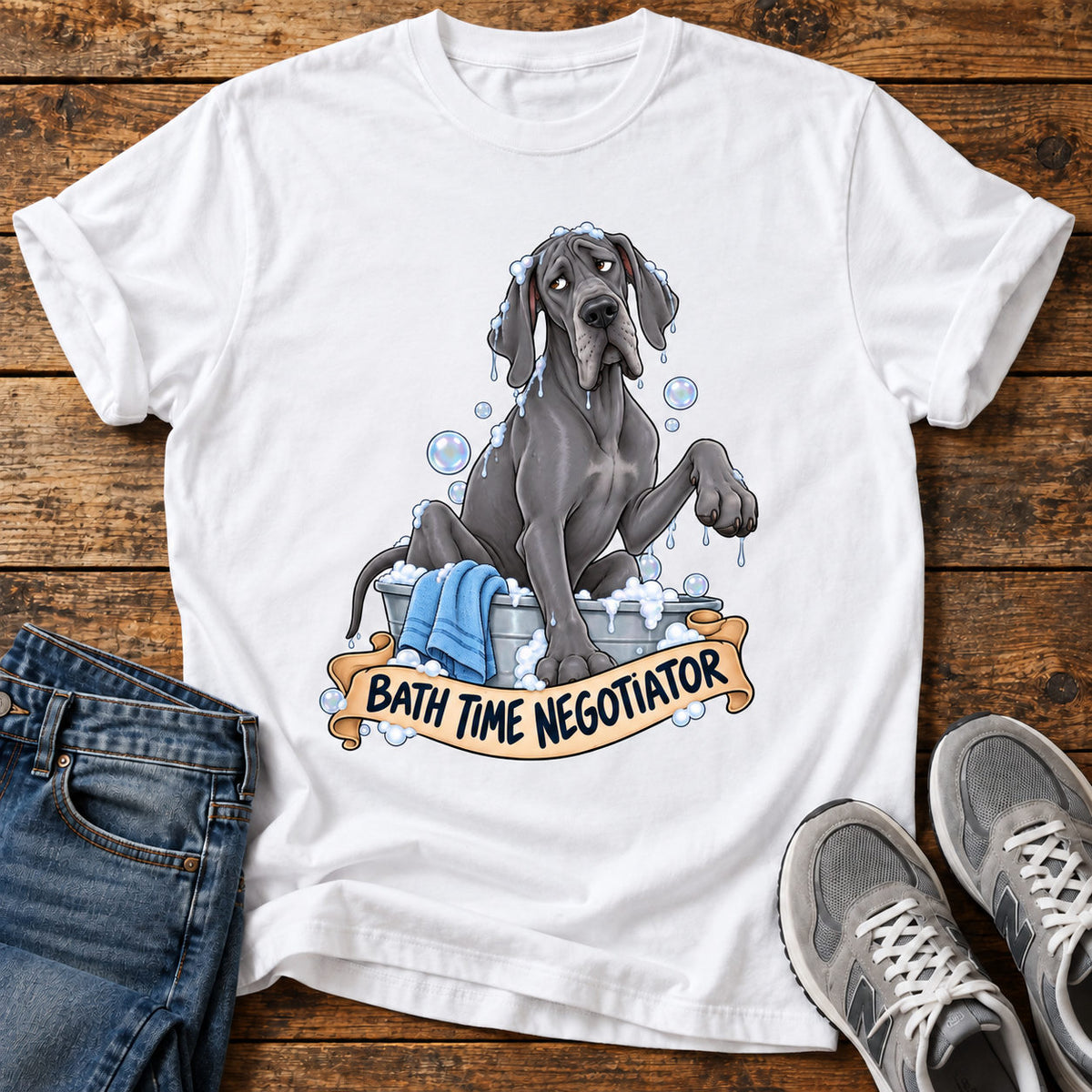Bath Time Negotiator on a light wood flat lay with jeans and walking shoes