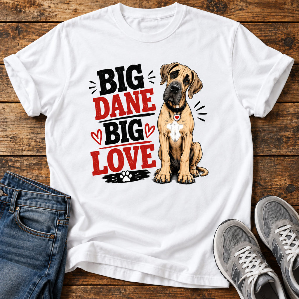 Big Dane Big  T-Shirt on a light wood flat lay with jeans and walking shoes