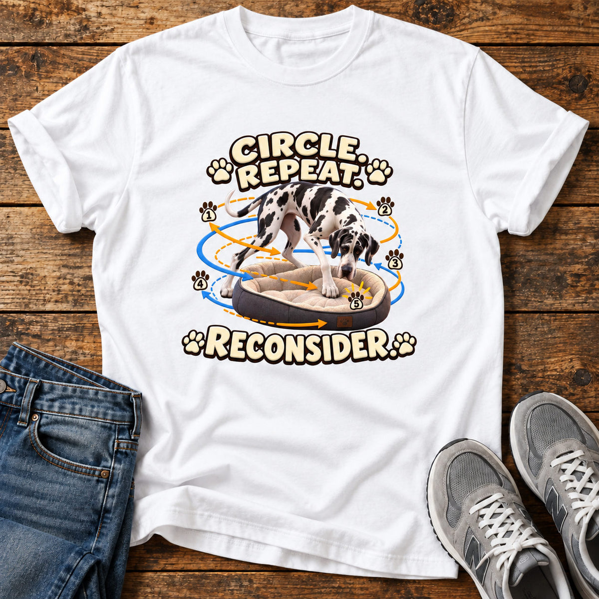 Circle Reconsider on a light wood flat lay with jeans and walking shoes