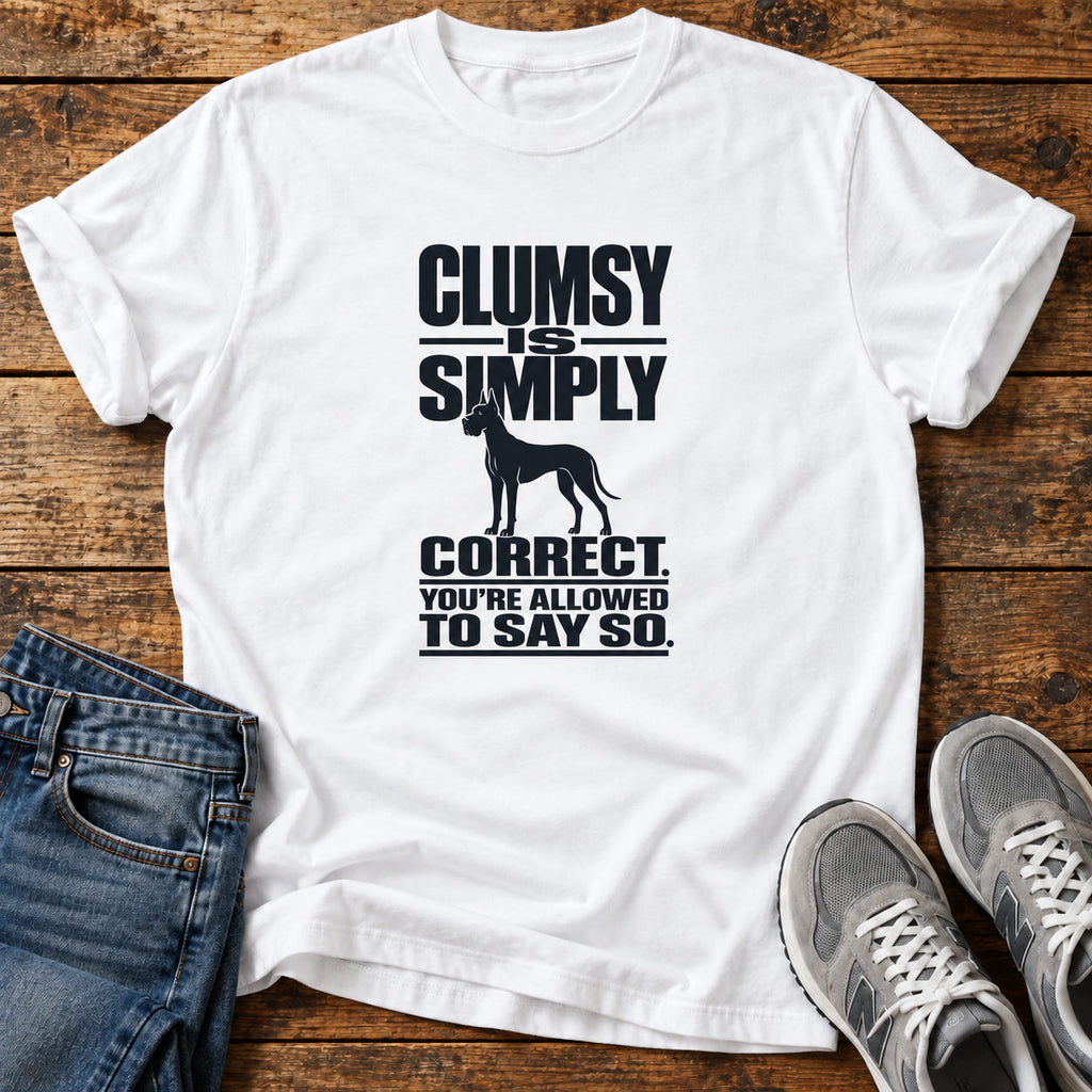 Clumsy Correct  T-Shirt on a light wood flat lay with jeans and walking shoes
