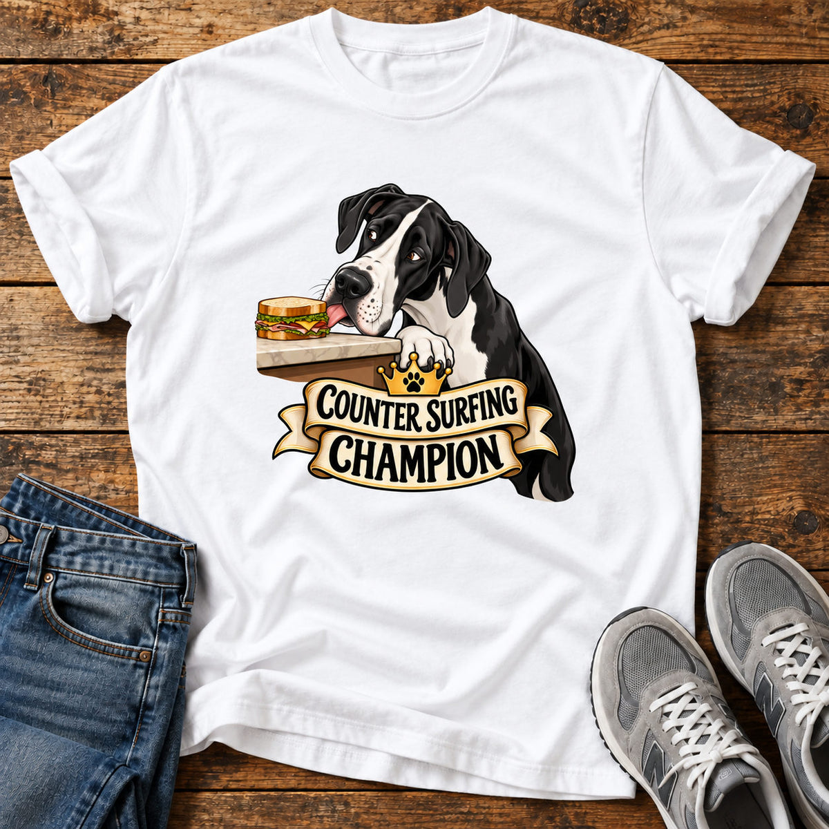 Counter Champion  T-Shirt on a light wood flat lay with jeans and walking shoes